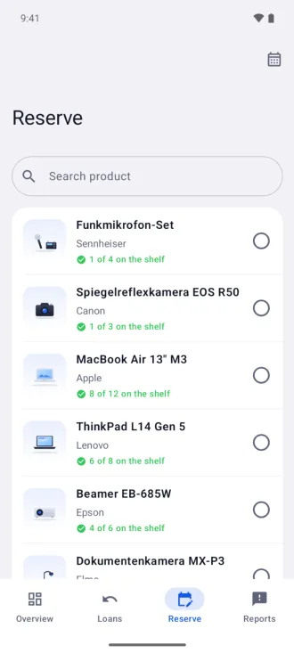 Inventaris on Android: reserve