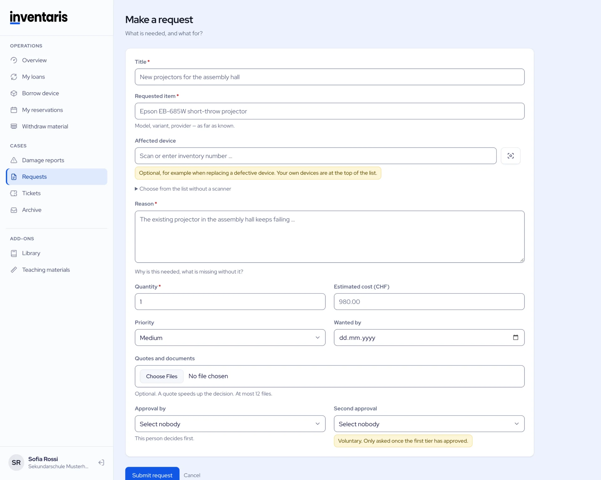 Form, submit request