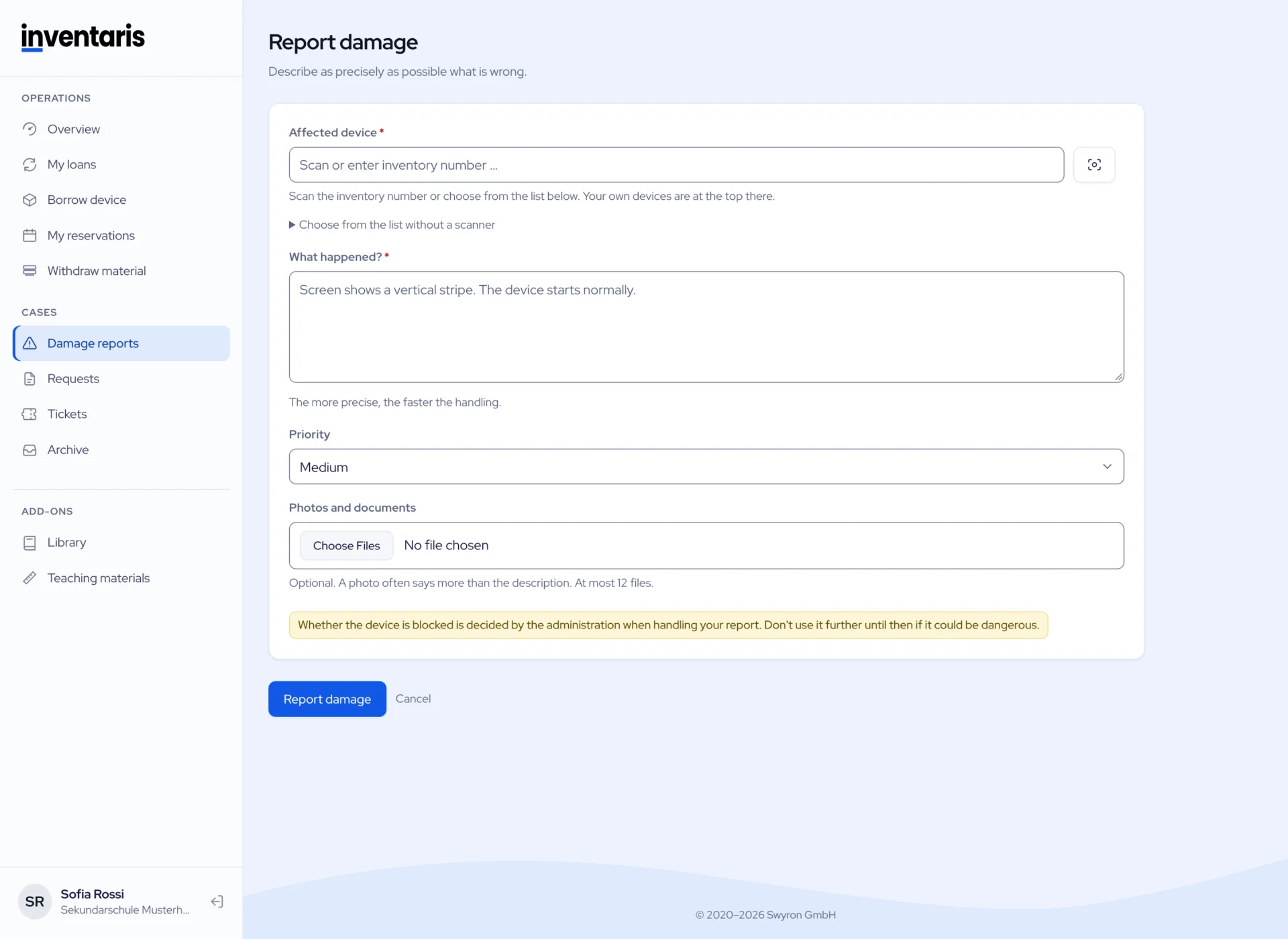 Form, report damage