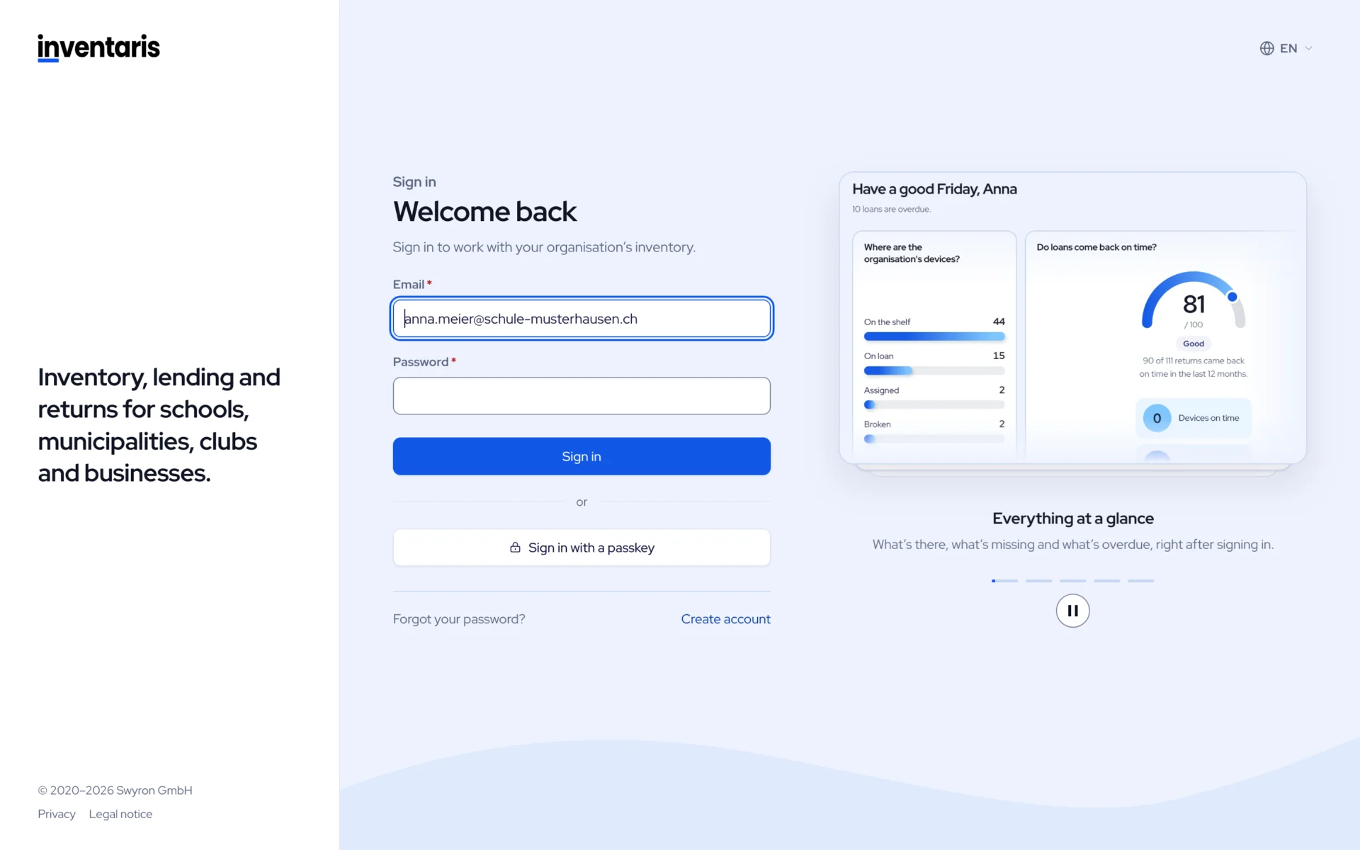 Sign-in screen, second step with password field