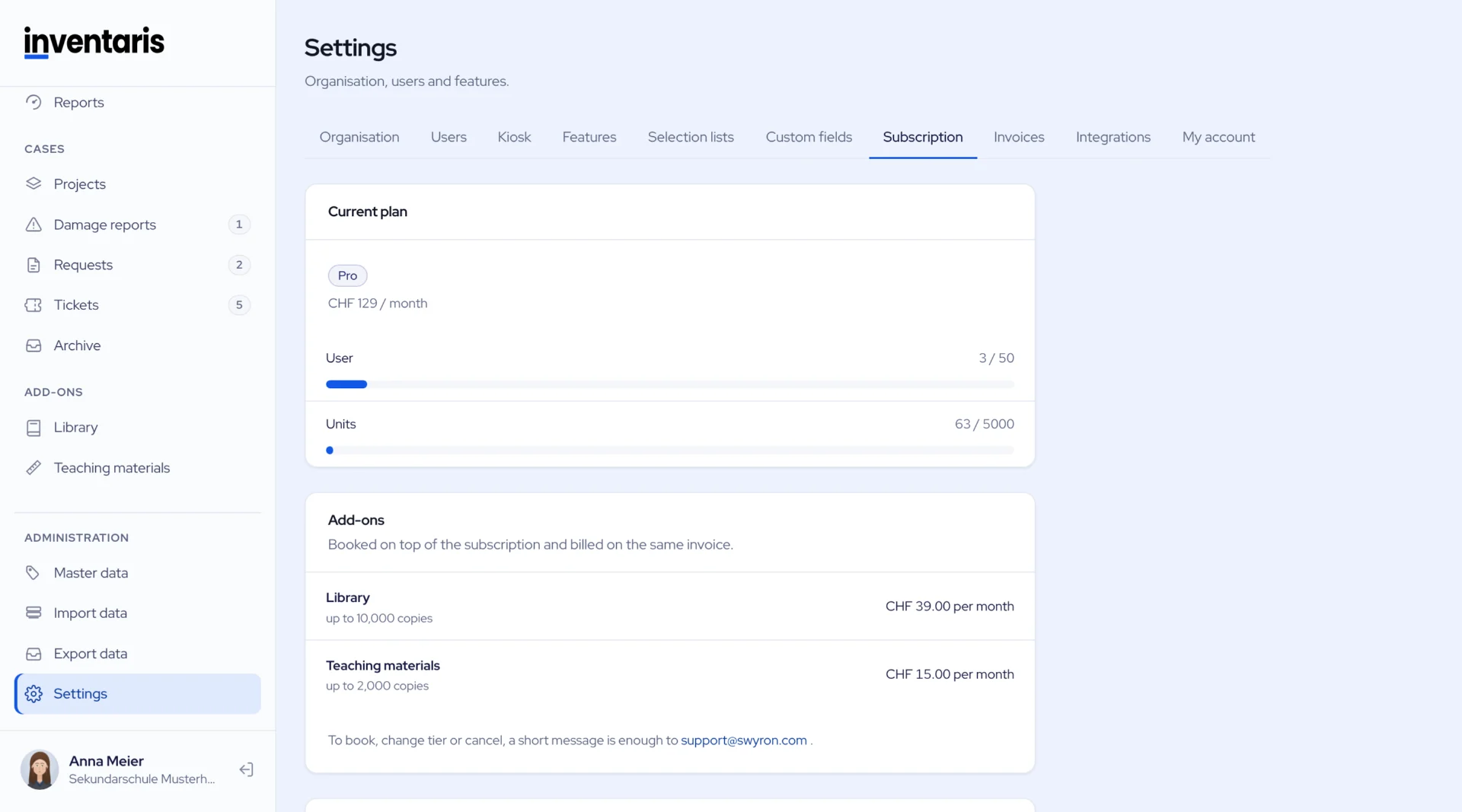 Settings, subscription