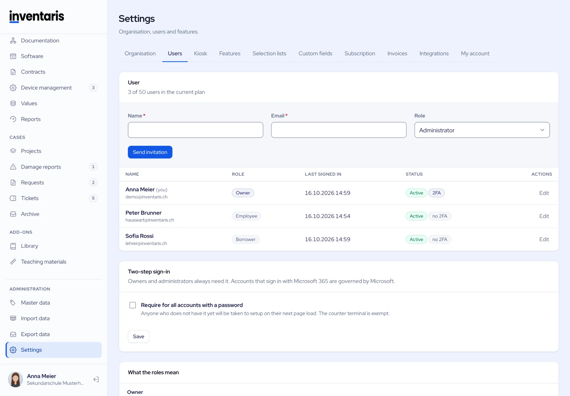 Settings, users