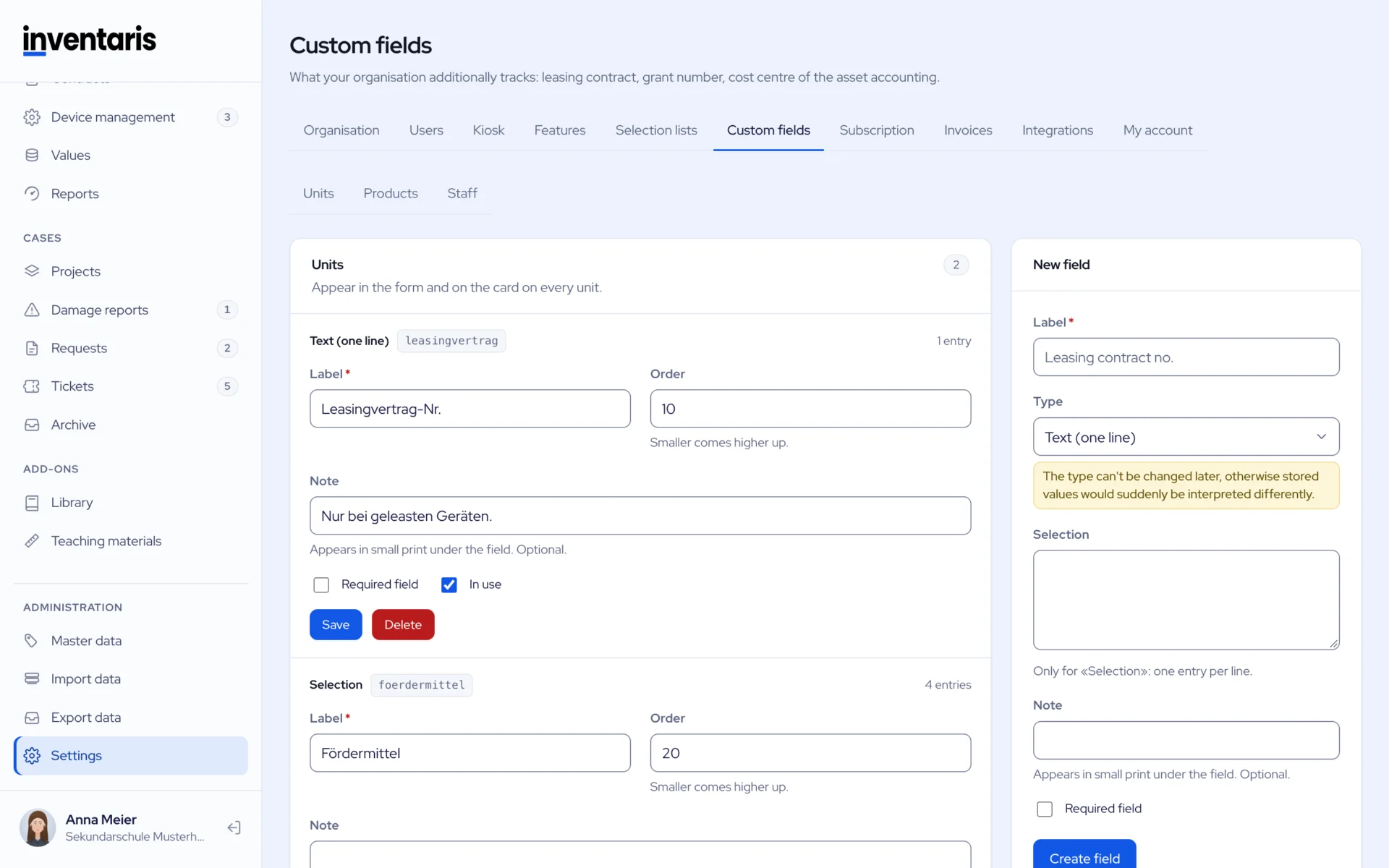Settings, custom fields