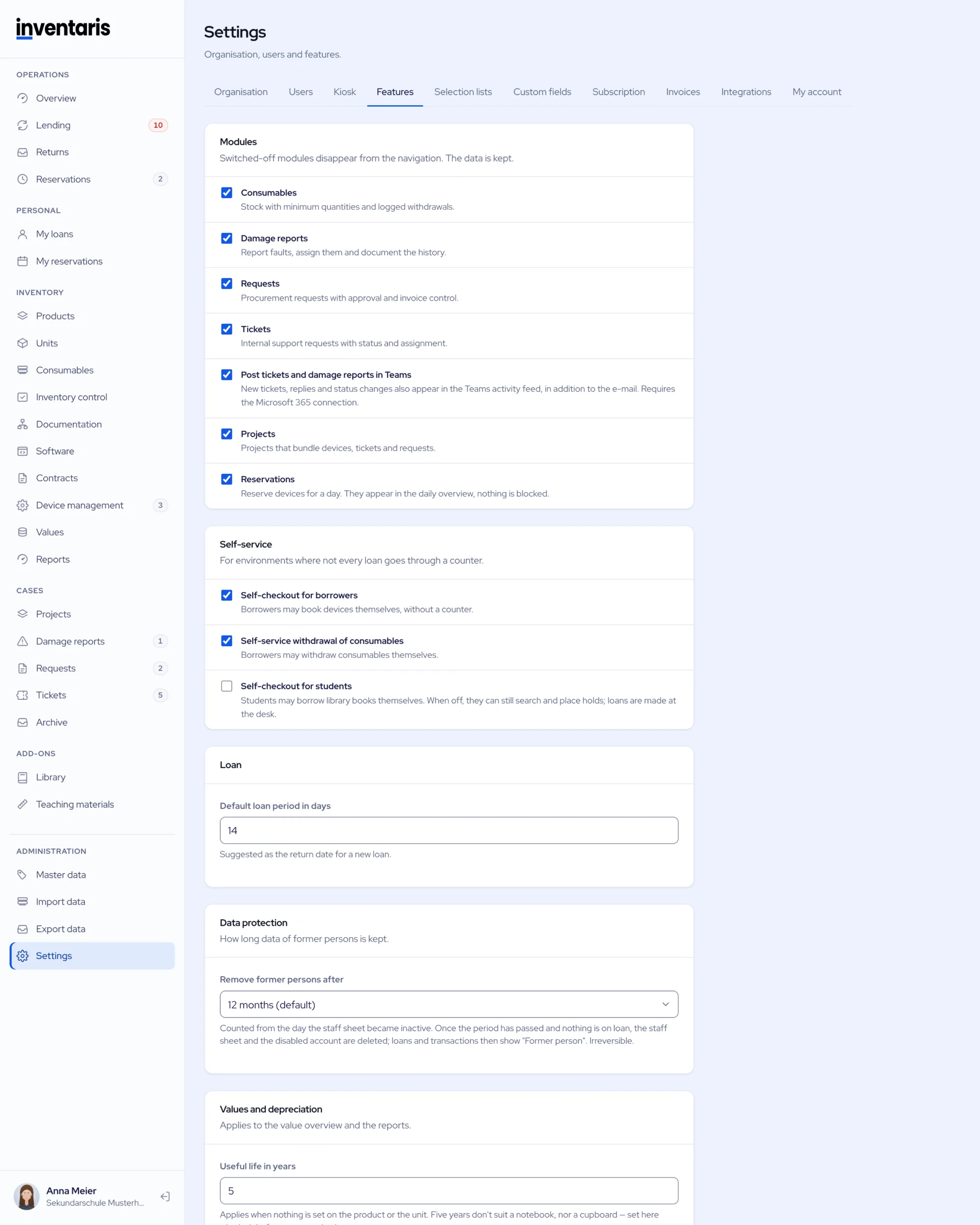 Settings, features
