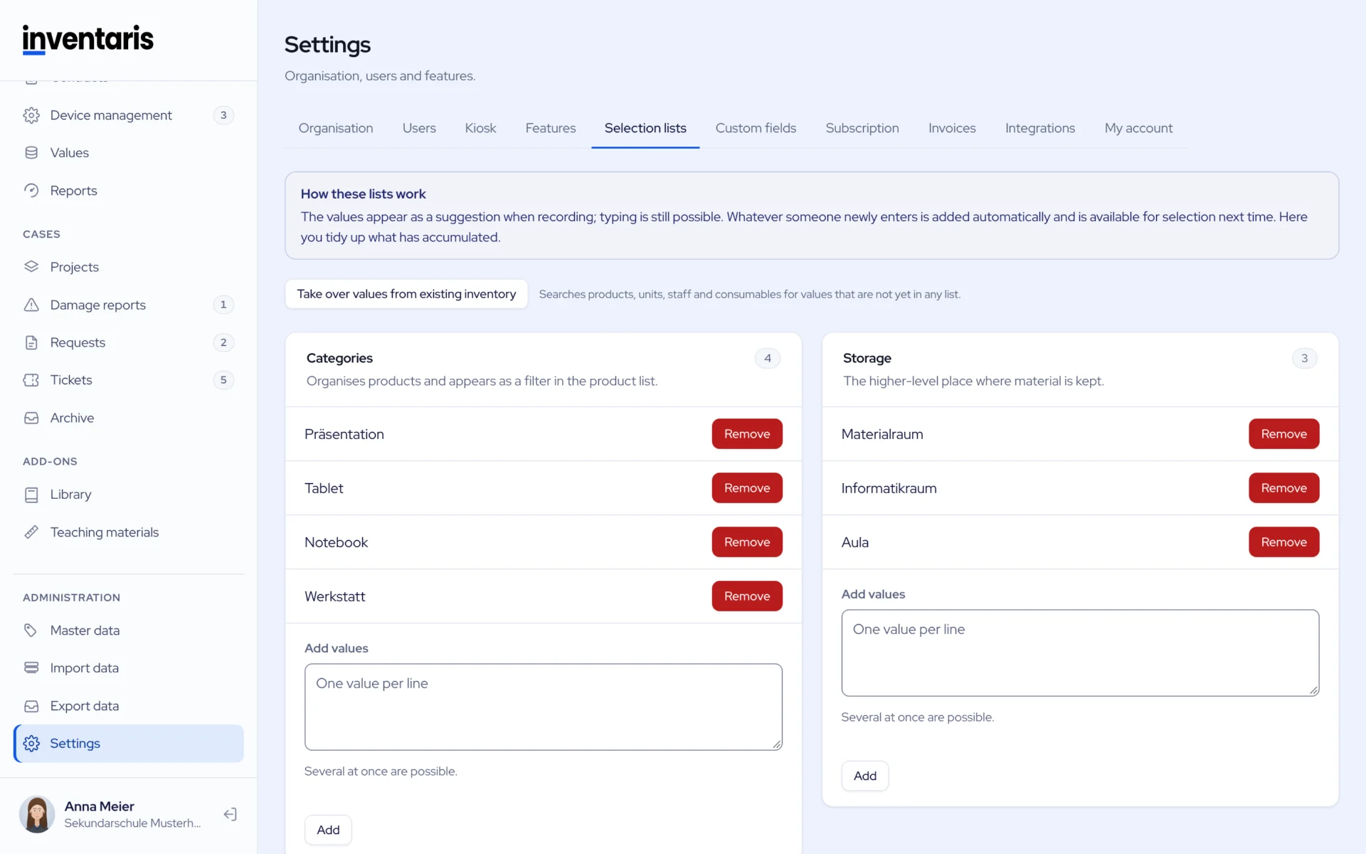 Settings, drop-down lists
