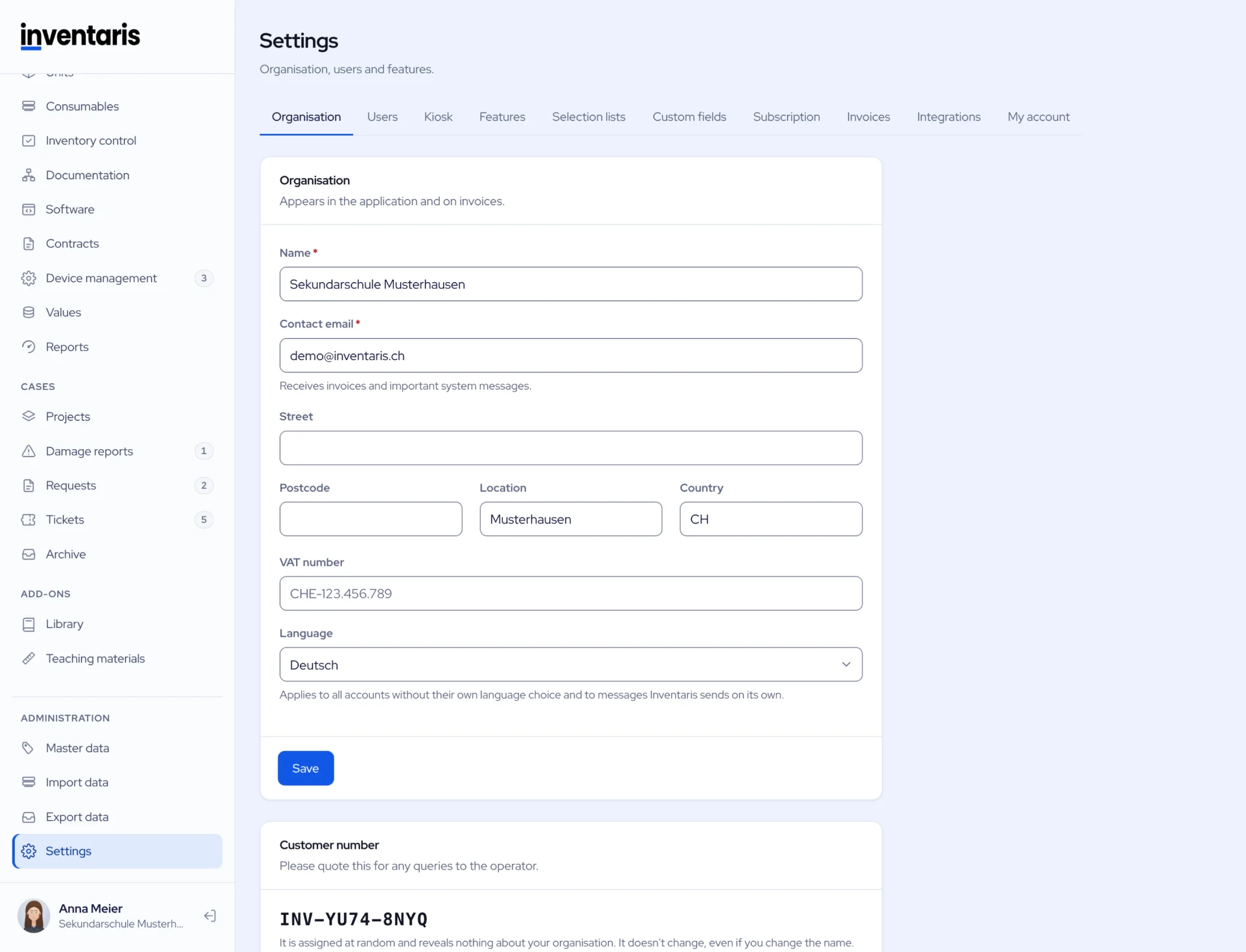 Settings, organisation details