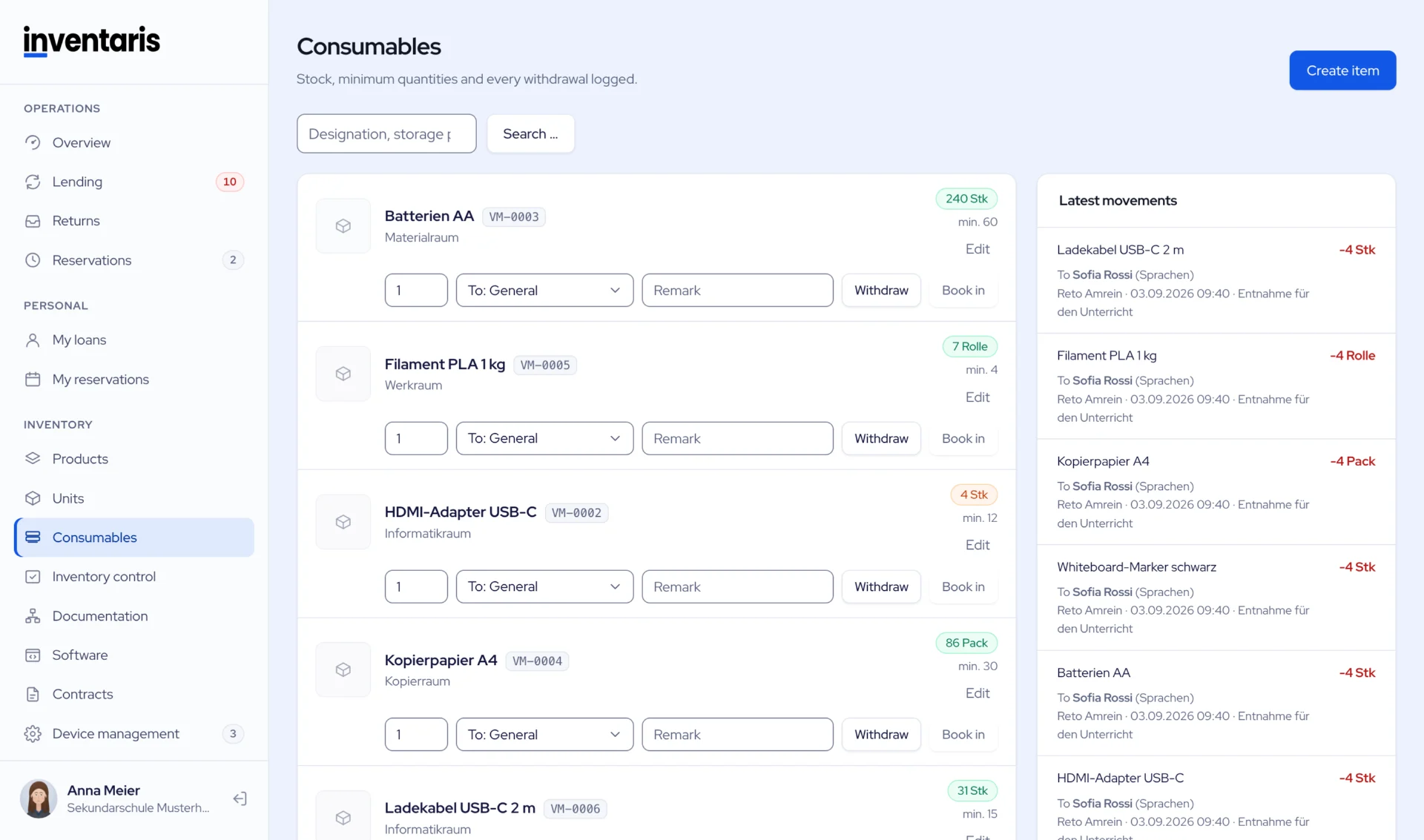Consumables with stock levels