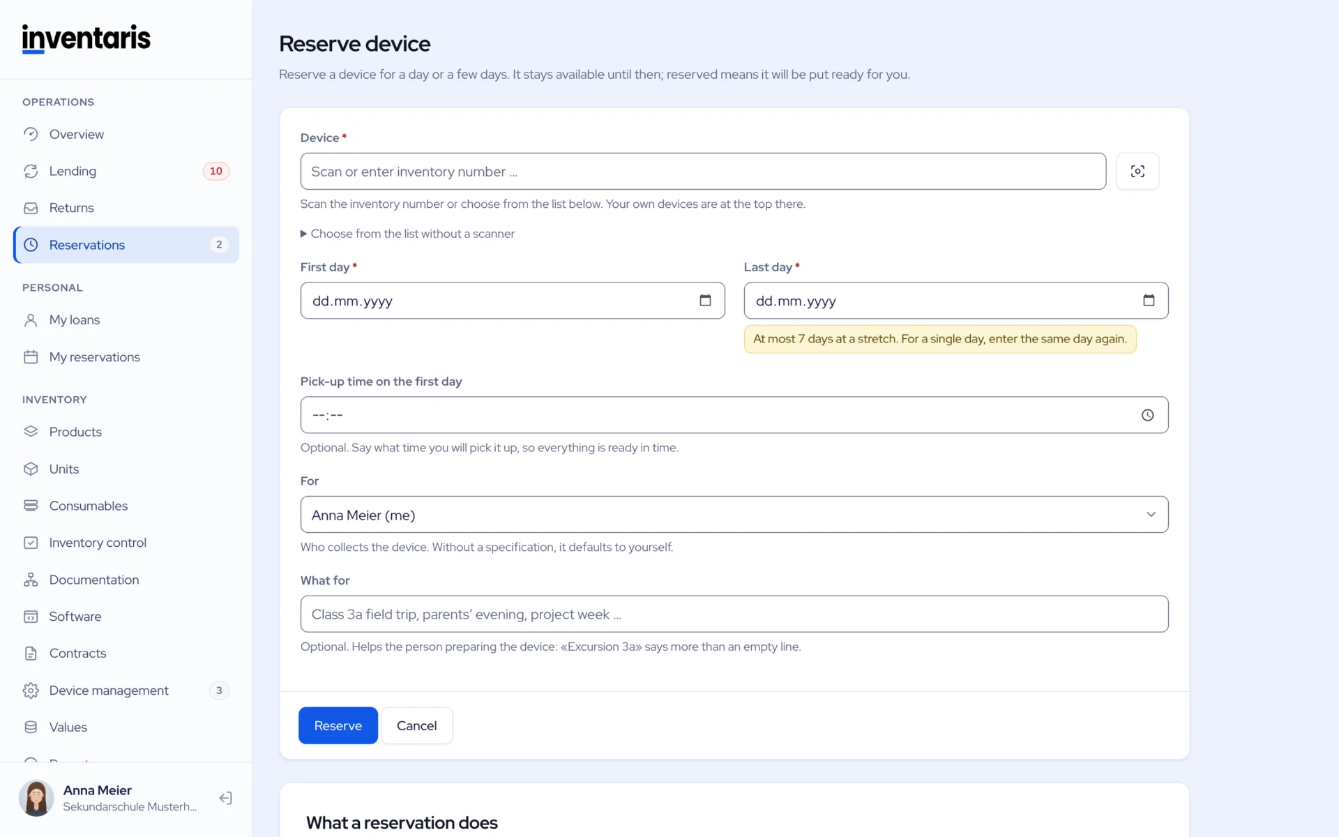 Form, new reservation