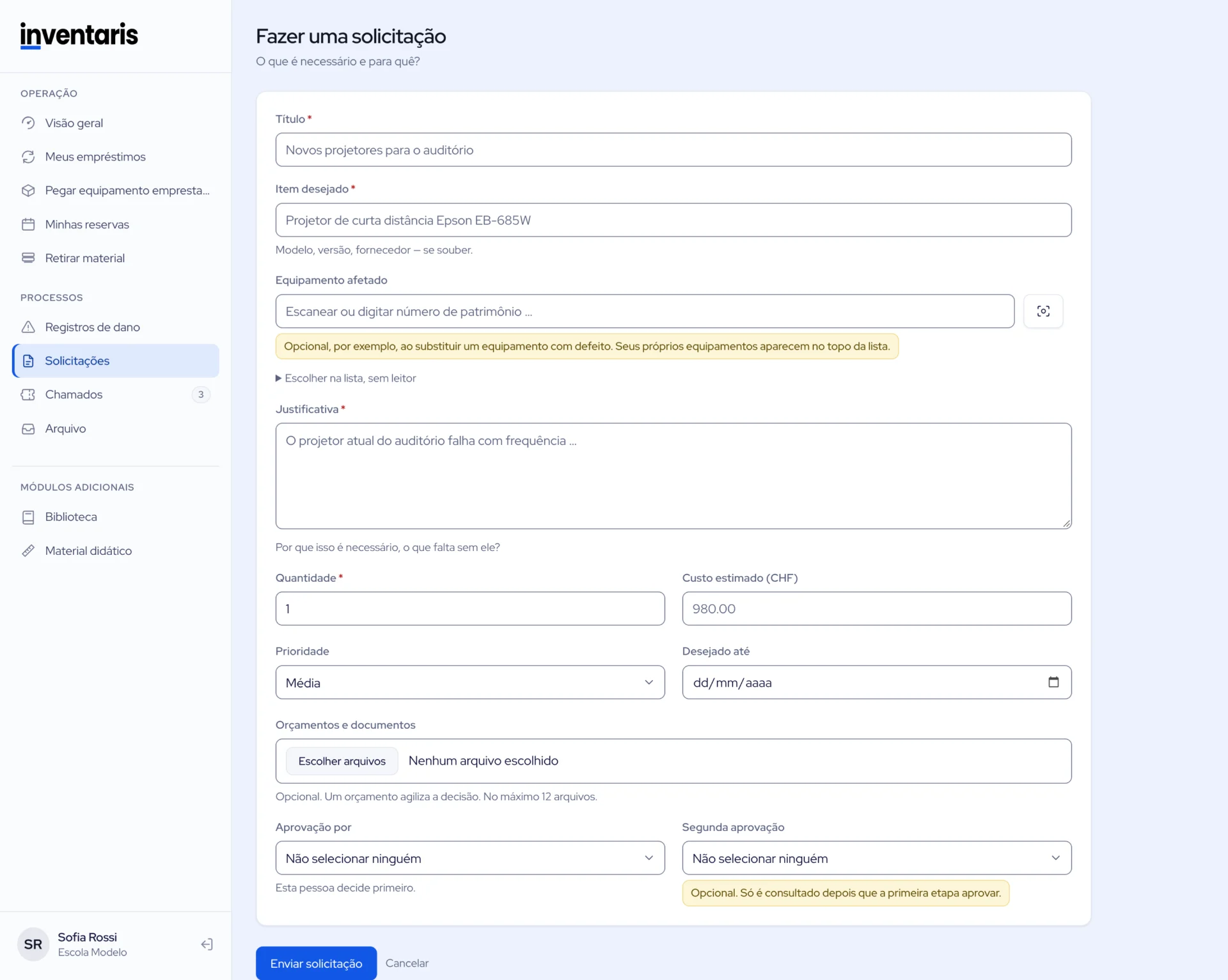 Formulário, fazer solicitação