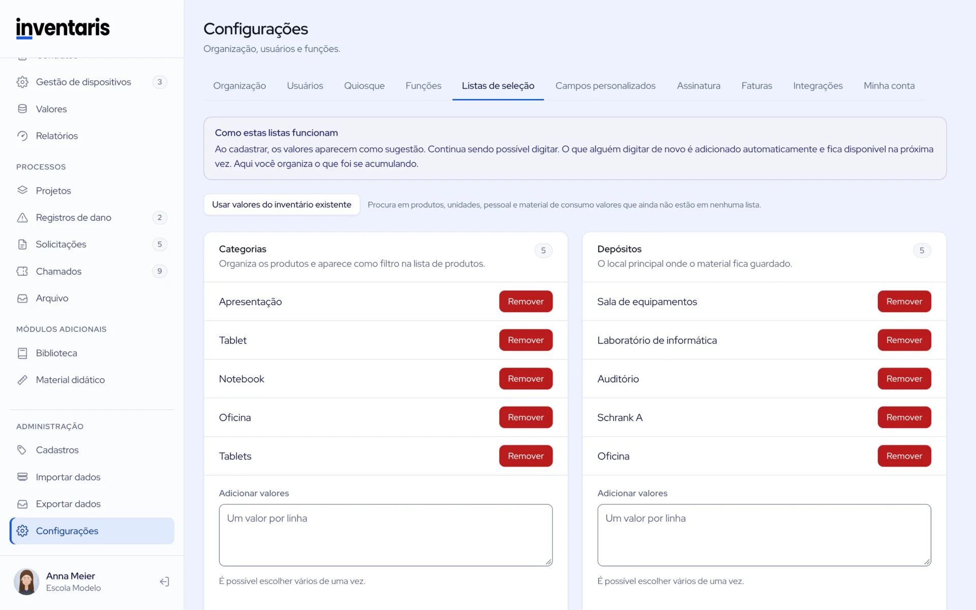 Configurações, listas de opções