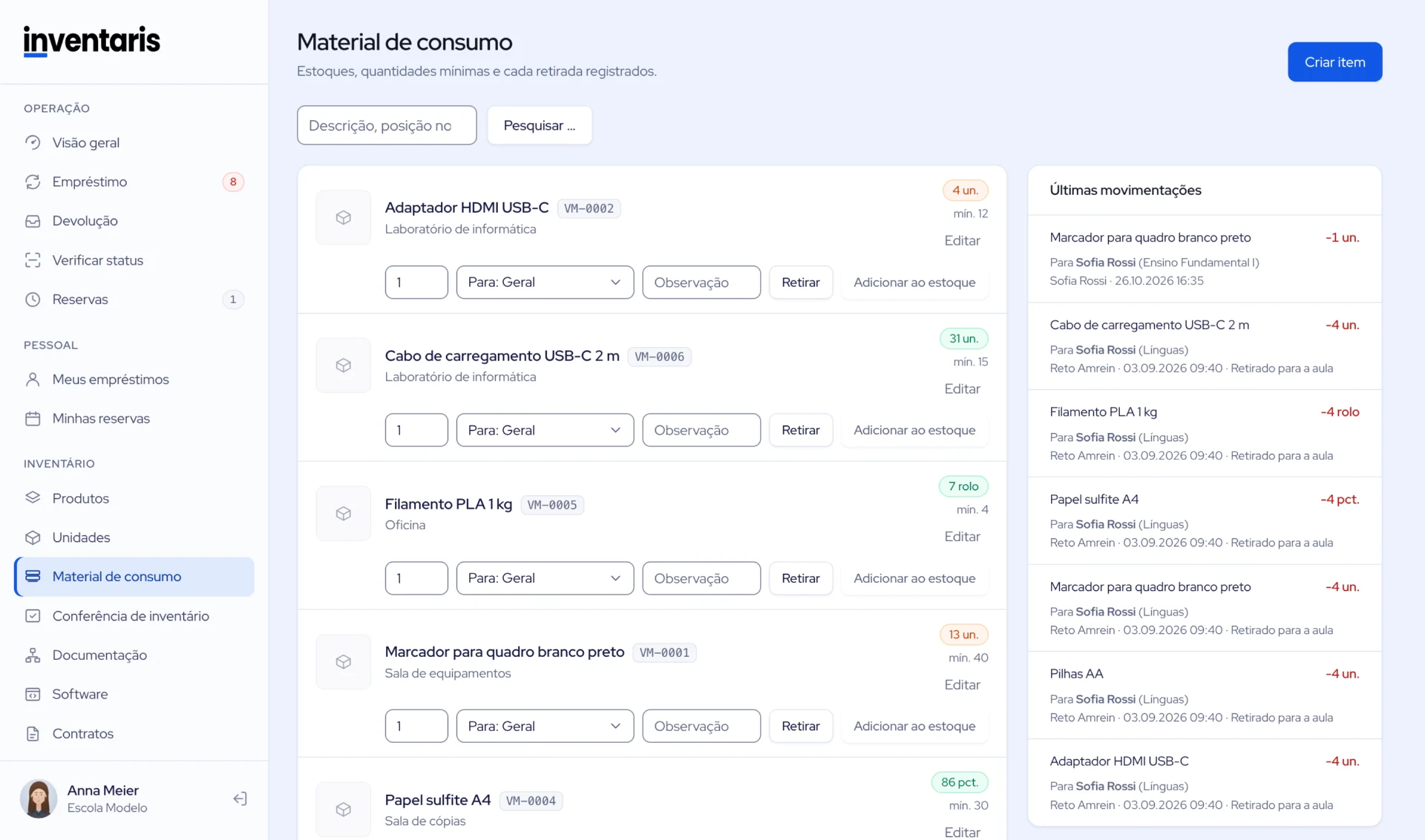 Material de consumo com estoques