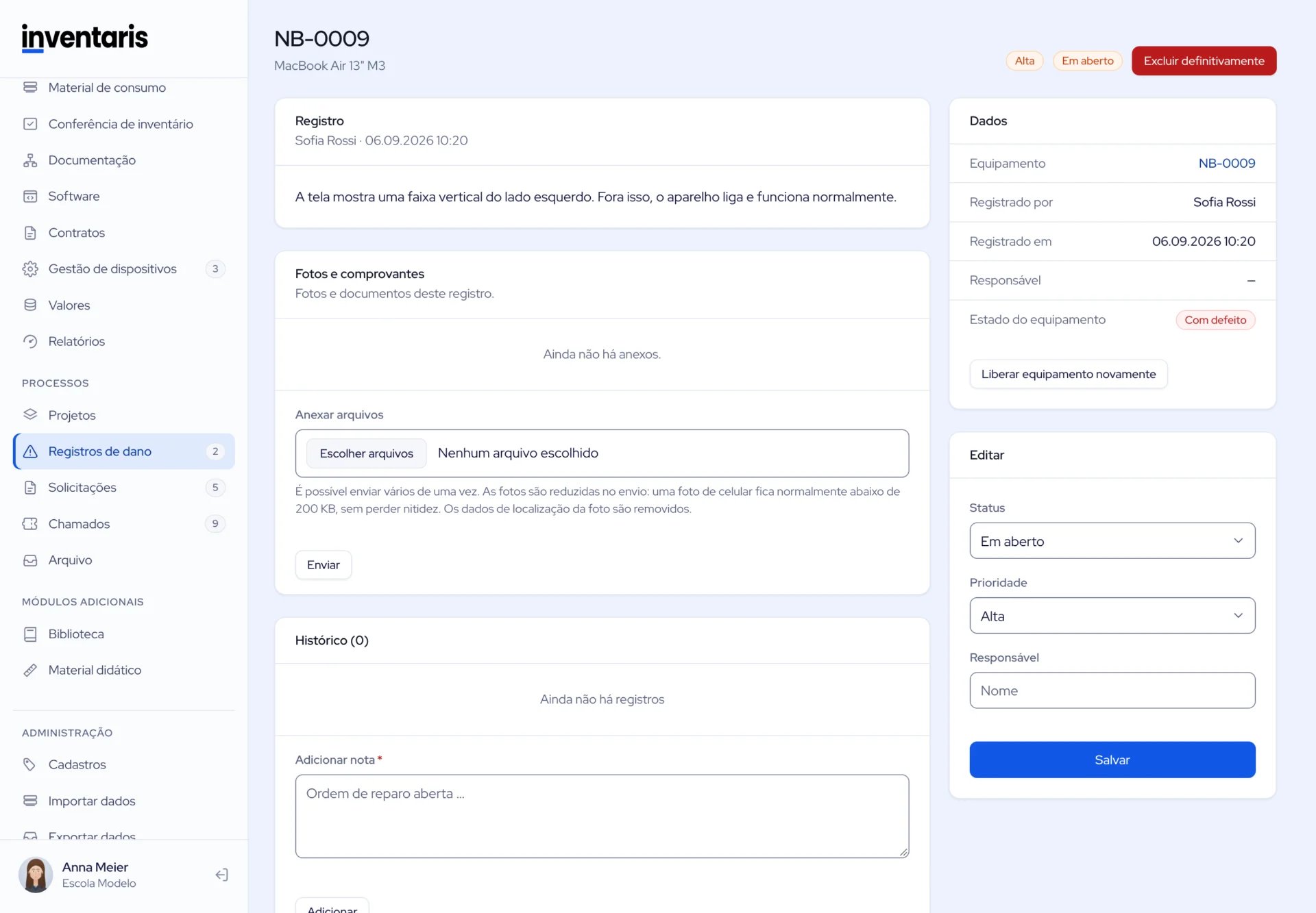 Um registro de dano em andamento