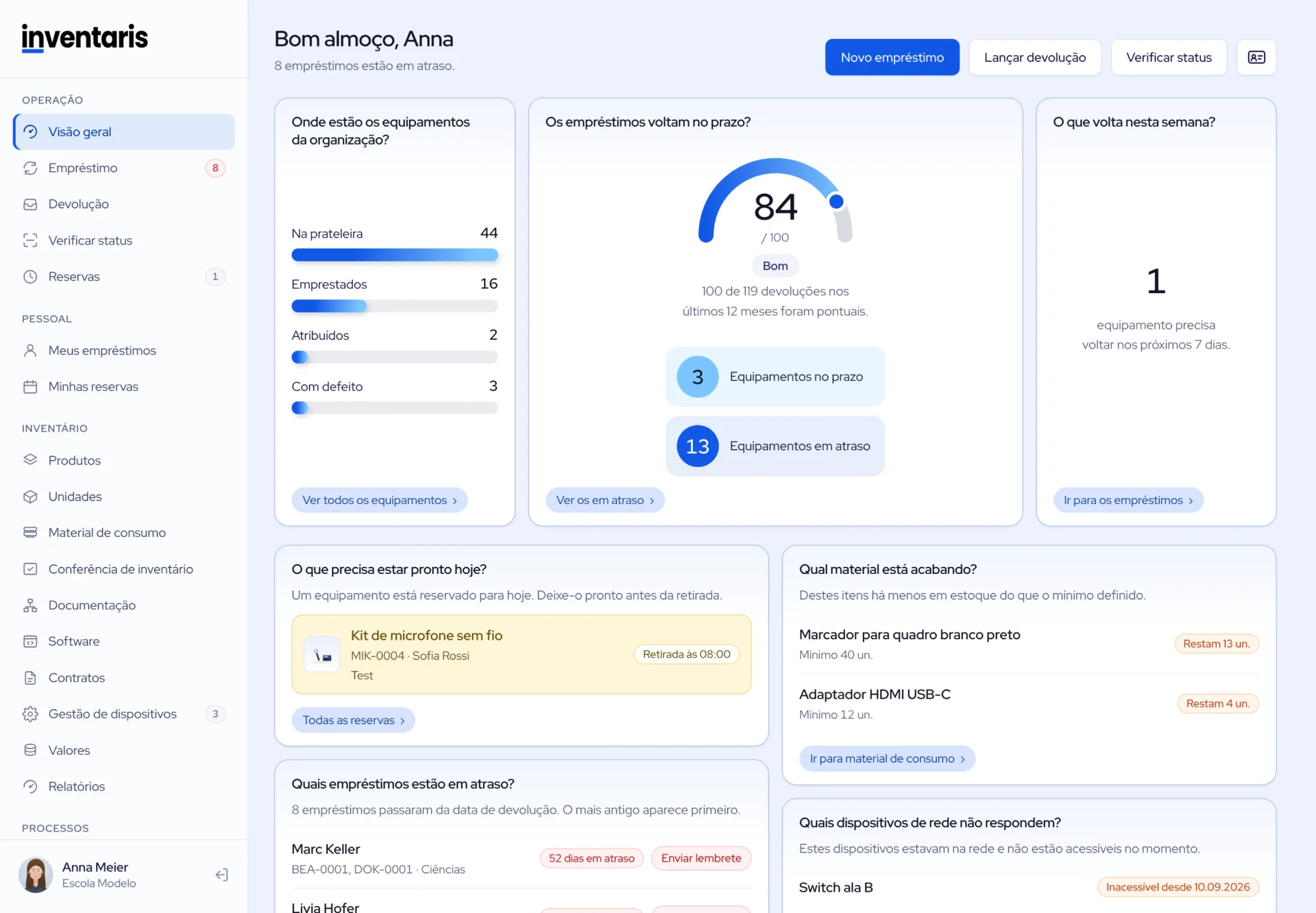 A visão geral com menu e blocos