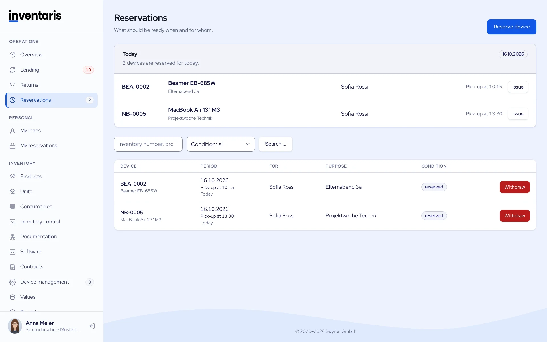 Reservations in Inventaris