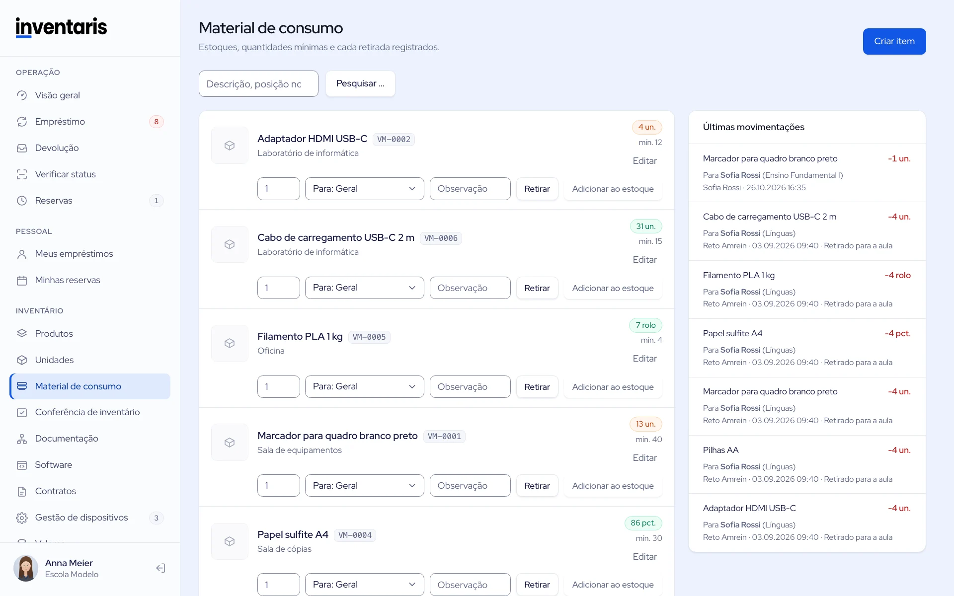 Material de consumo no Inventaris